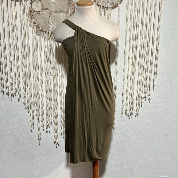 Helmut Lang One Shoulder Wrap Style Mini Dress Size M in Olive